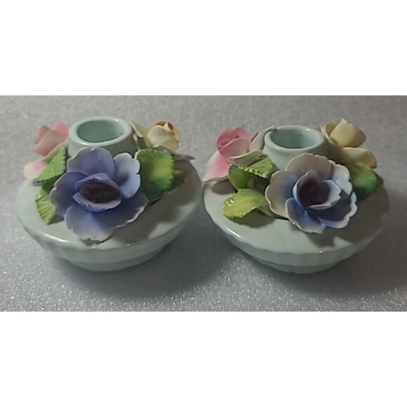 2x Vtg Thorley Staffordshire England Bone China Porcelain Floral Candle Holders - Picture 4 of 7